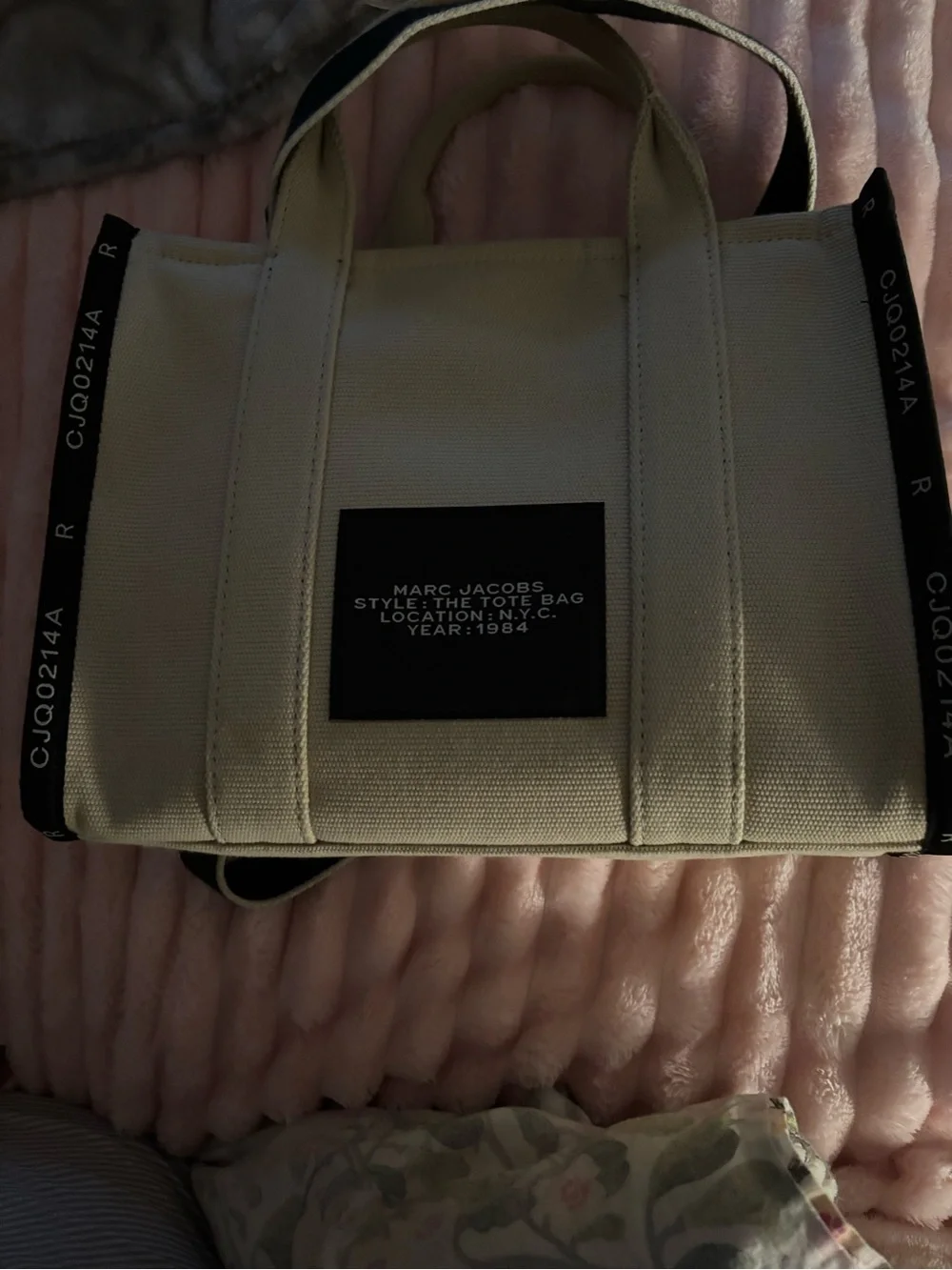 Marc Jacobs Beige Canvas 'The Tote Bag' with Black Logo & Strap
